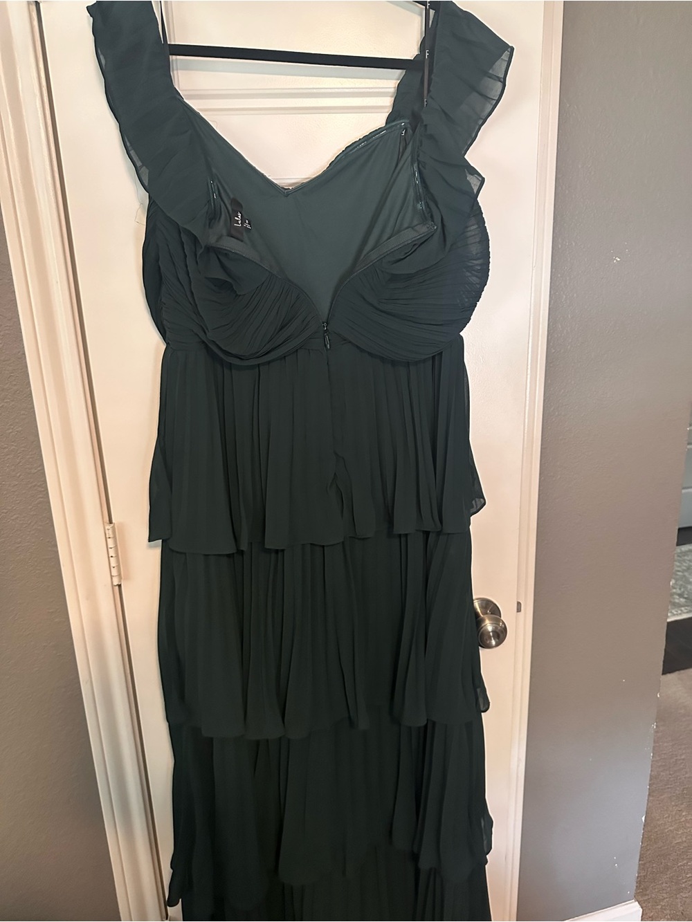 Lulu's Dark Green Off-Shoulder Tiered Pleated Maxi Dress - Picture 3 of 5